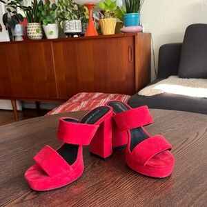 Jeffrey Campbell Red Suede Double-Strap Block Heels